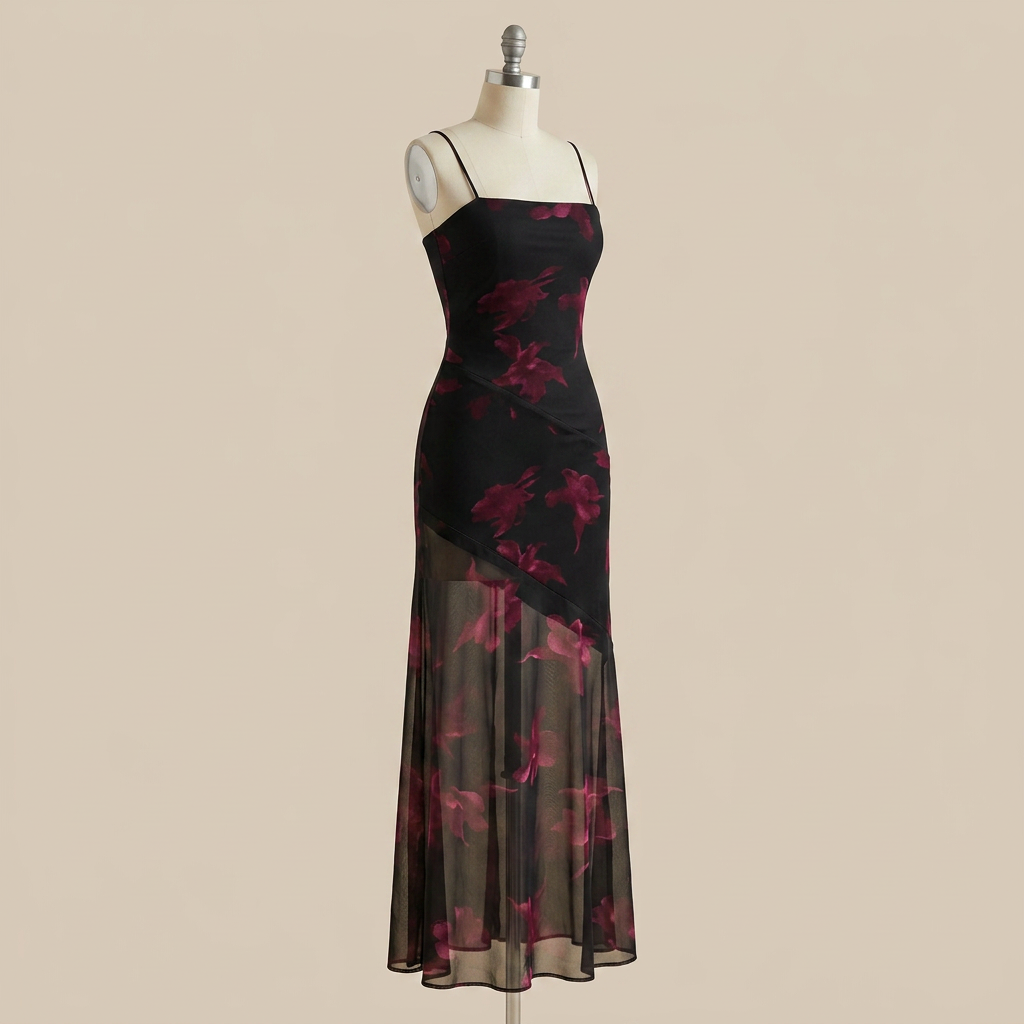 Printed Mesh Slip Maxi Dress-Vyana Collective