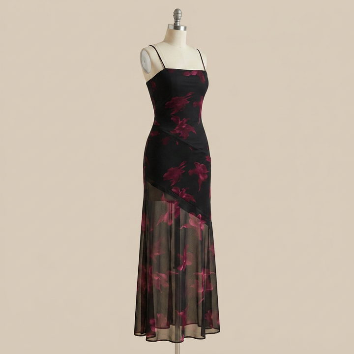 Printed Mesh Slip Maxi Dress-Vyana Collective