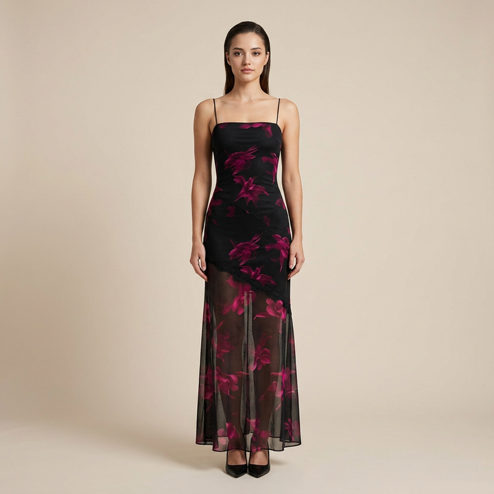 Printed Mesh Slip Maxi Dress-Vyana Collective