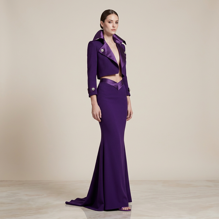Purple Cropped Jacket and Mermaid Maxi Skirt Set for Friday Night Vibes Women-Vyana Collective