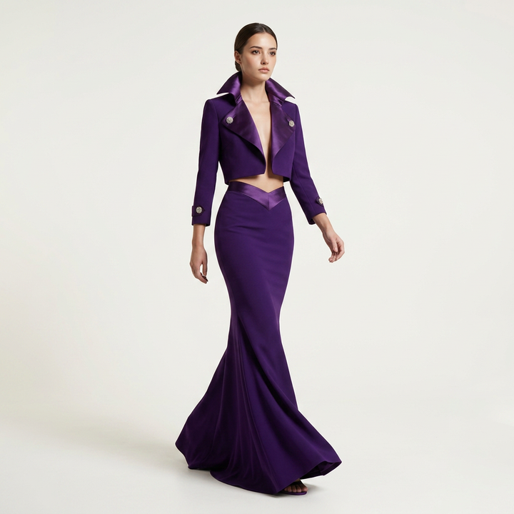 Purple Cropped Jacket and Mermaid Maxi Skirt Set for Friday Night Vibes Women-Vyana Collective