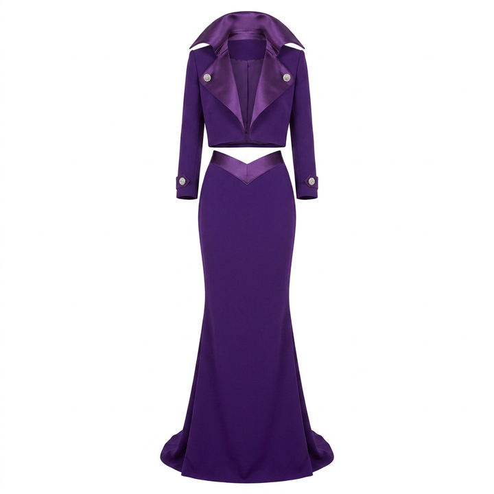 Purple Cropped Jacket and Mermaid Maxi Skirt Set for Friday Night Vibes Women-Vyana Collective