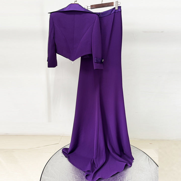 Purple Cropped Jacket and Mermaid Maxi Skirt Set for Friday Night Vibes Women-Vyana Collective