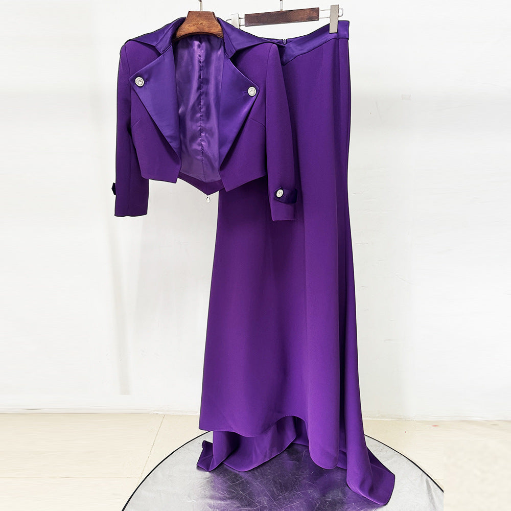 Purple Cropped Jacket and Mermaid Maxi Skirt Set for Friday Night Vibes Women-Vyana Collective