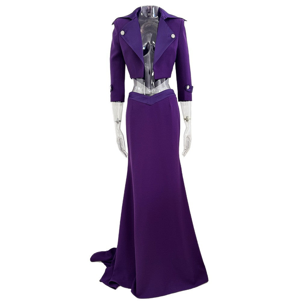 Purple Cropped Jacket and Mermaid Maxi Skirt Set for Friday Night Vibes Women-Vyana Collective