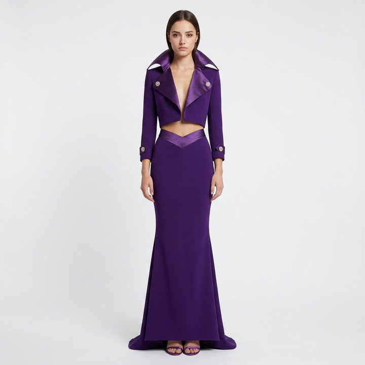 Purple Cropped Jacket and Mermaid Maxi Skirt Set for Friday Night Vibes Women-Vyana Collective