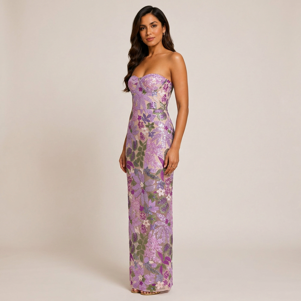 Purple Floral Sequin Strapless Maxi Dress-Vyana Collective