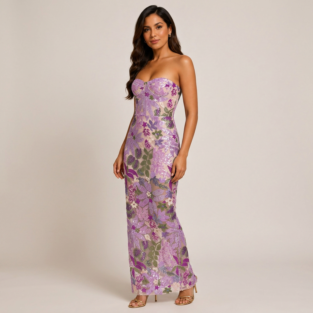 Purple Floral Sequin Strapless Maxi Dress-Vyana Collective