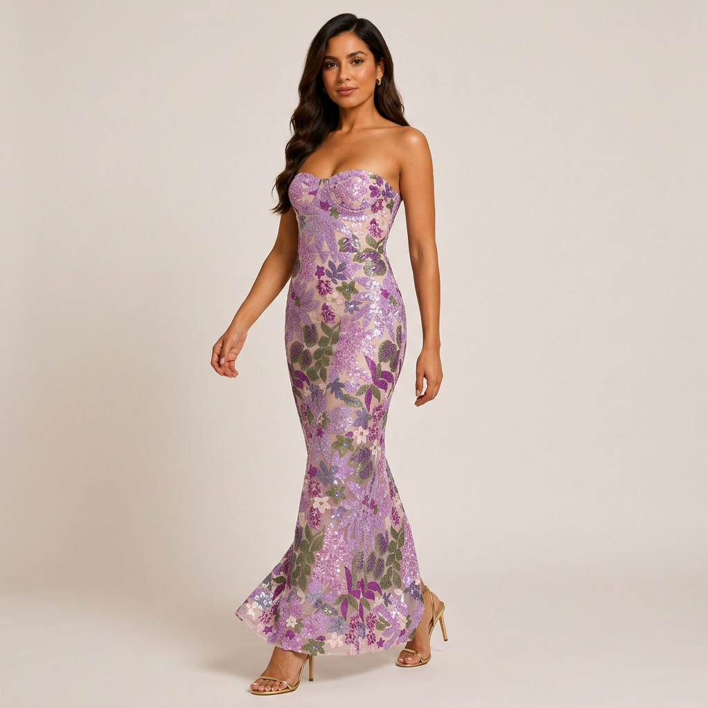 Purple Floral Sequin Strapless Maxi Dress-Vyana Collective