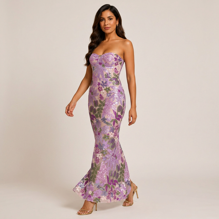 Purple Floral Sequin Strapless Maxi Dress-Vyana Collective