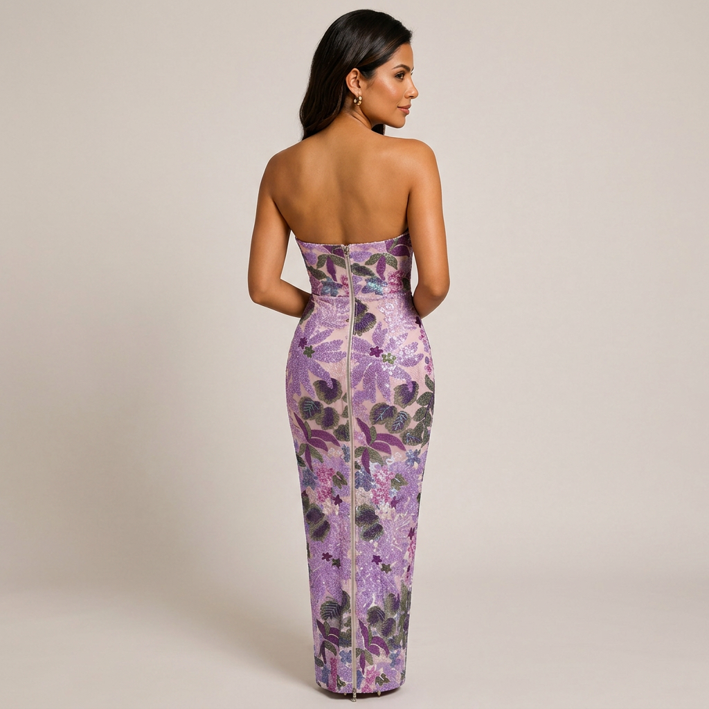 Purple Floral Sequin Strapless Maxi Dress-Vyana Collective