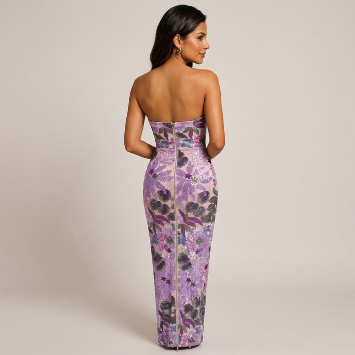 Purple Floral Sequin Strapless Maxi Dress-Vyana Collective