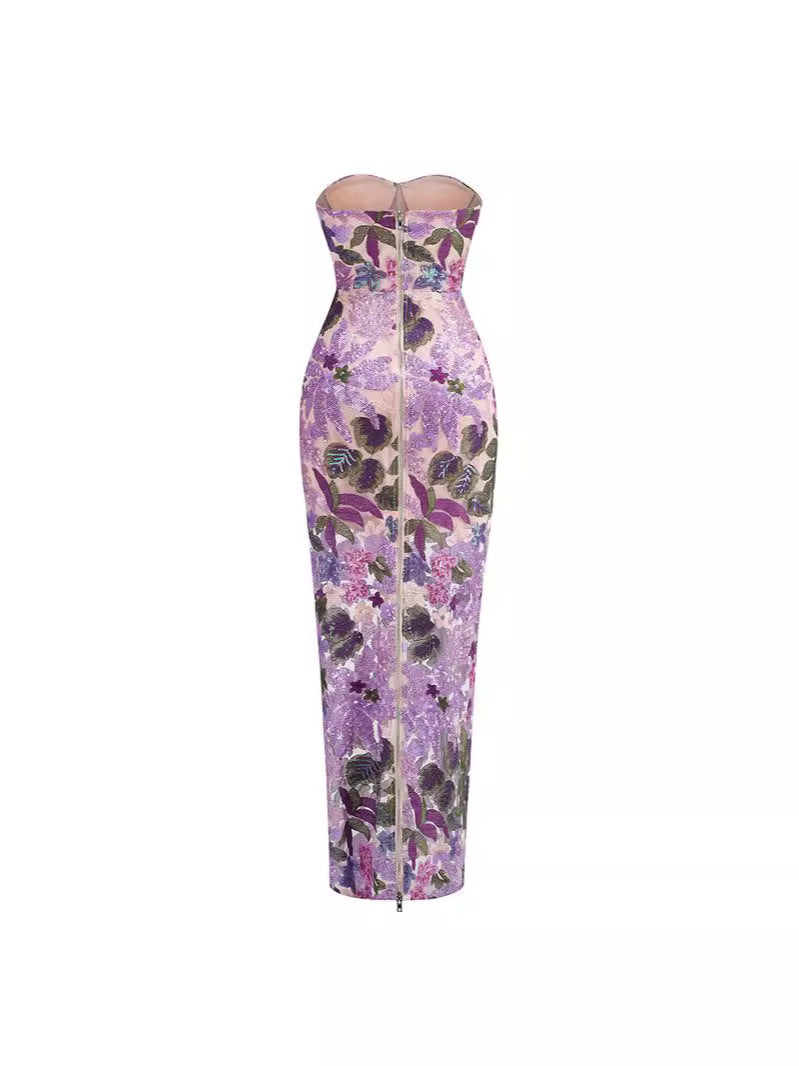 Purple Floral Sequin Strapless Maxi Dress-Vyana Collective