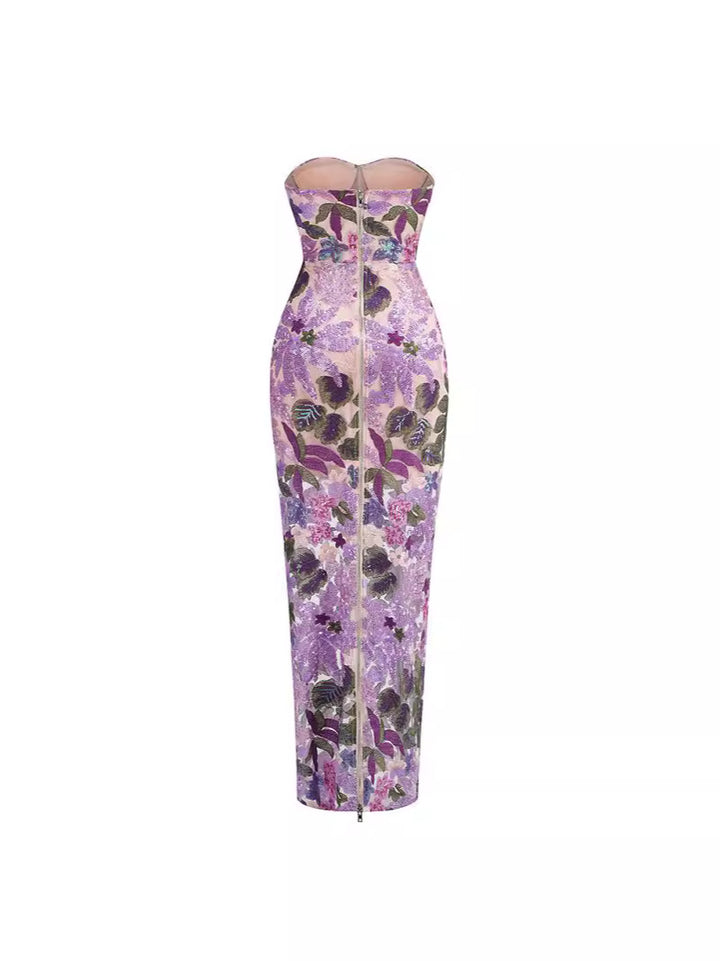 Purple Floral Sequin Strapless Maxi Dress-Vyana Collective