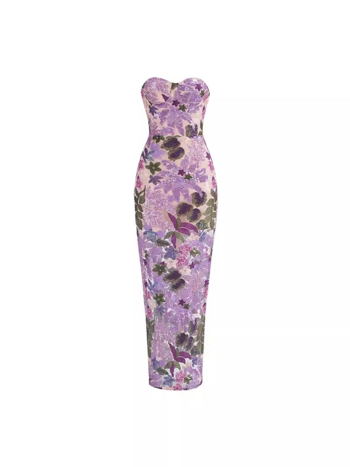 Purple Floral Sequin Strapless Maxi Dress-Vyana Collective
