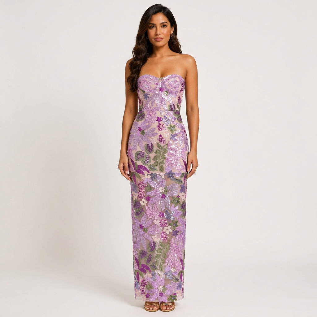 Purple Floral Sequin Strapless Maxi Dress-Vyana Collective