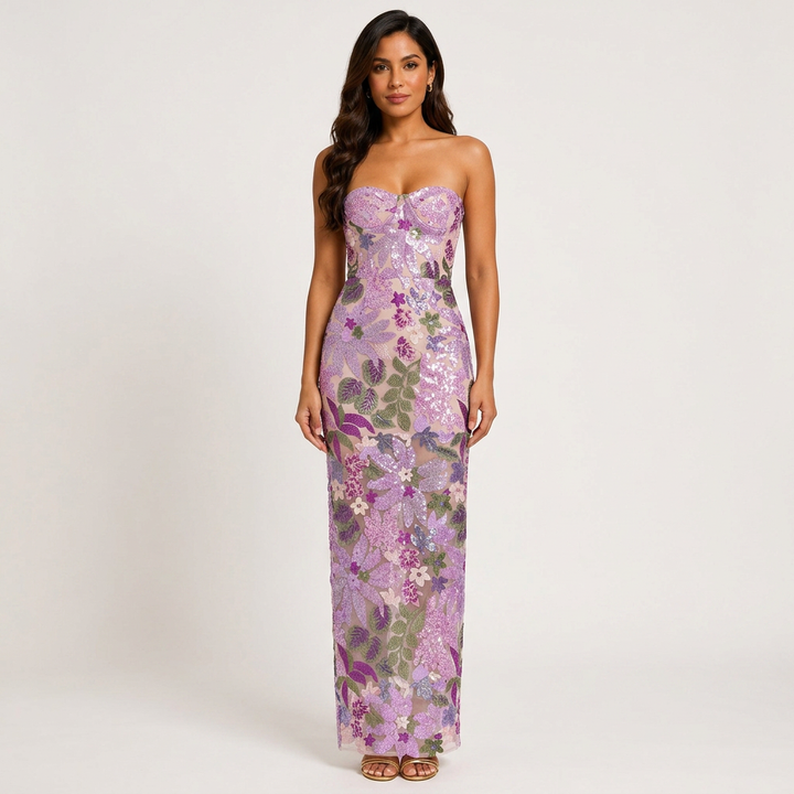 Purple Floral Sequin Strapless Maxi Dress-Vyana Collective