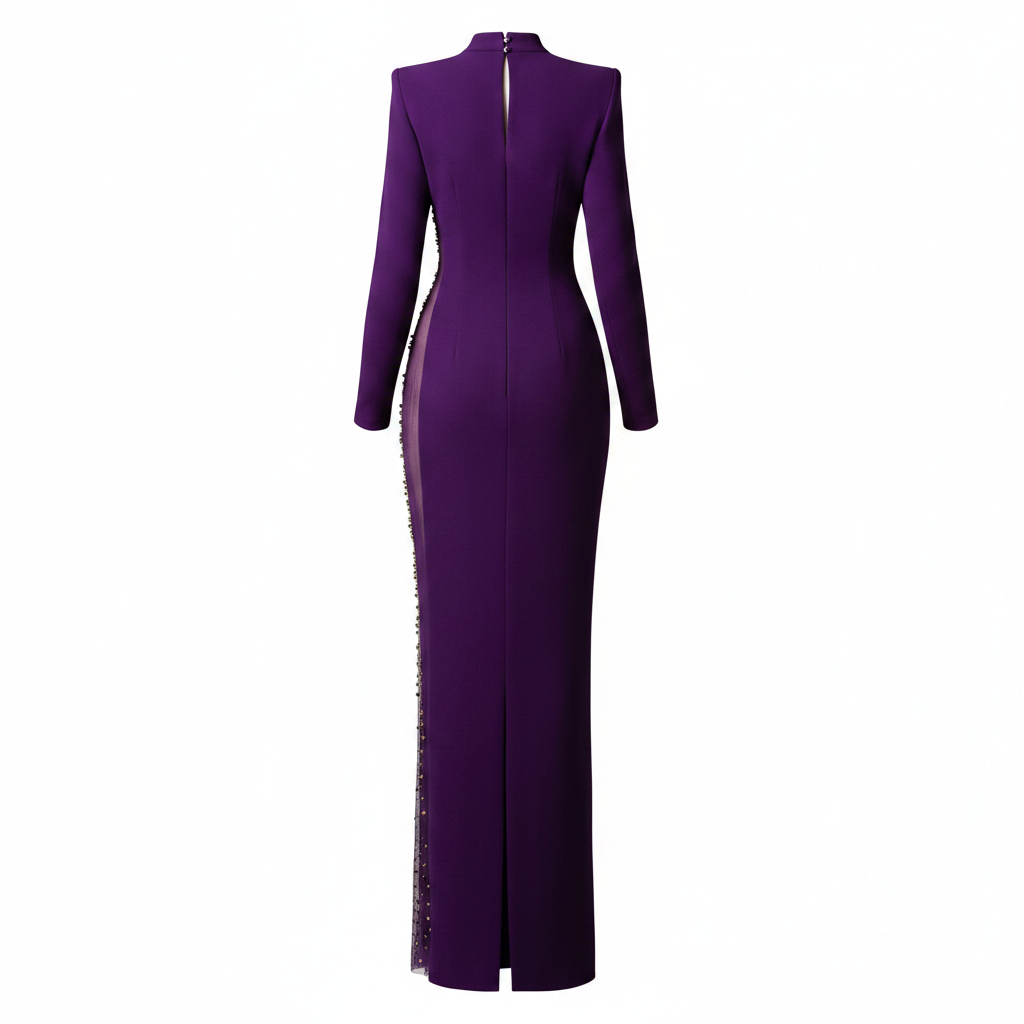 Purple High-Neck Beaded Mesh Cutout Mermaid Evening Gown-Vyana Collective