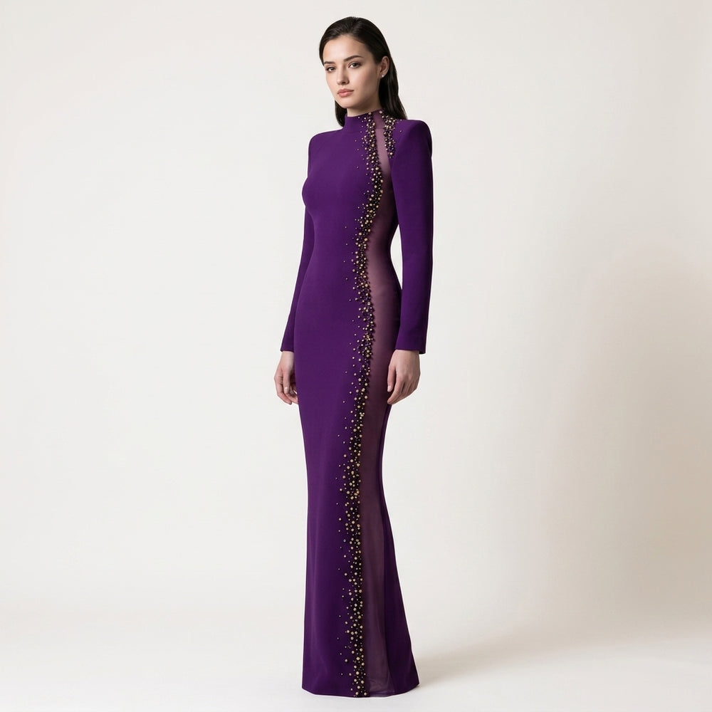 Purple High-Neck Beaded Mesh Cutout Mermaid Evening Gown-Vyana Collective