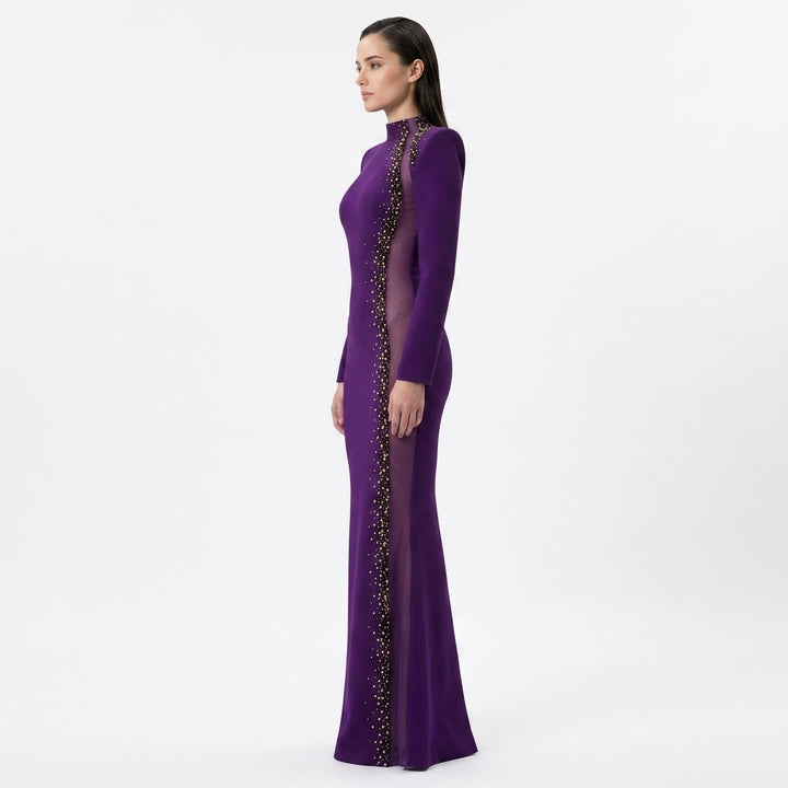 Purple High-Neck Beaded Mesh Cutout Mermaid Evening Gown-Vyana Collective