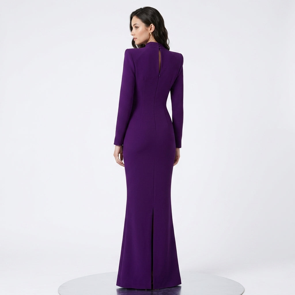 Purple High-Neck Beaded Mesh Cutout Mermaid Evening Gown-Vyana Collective