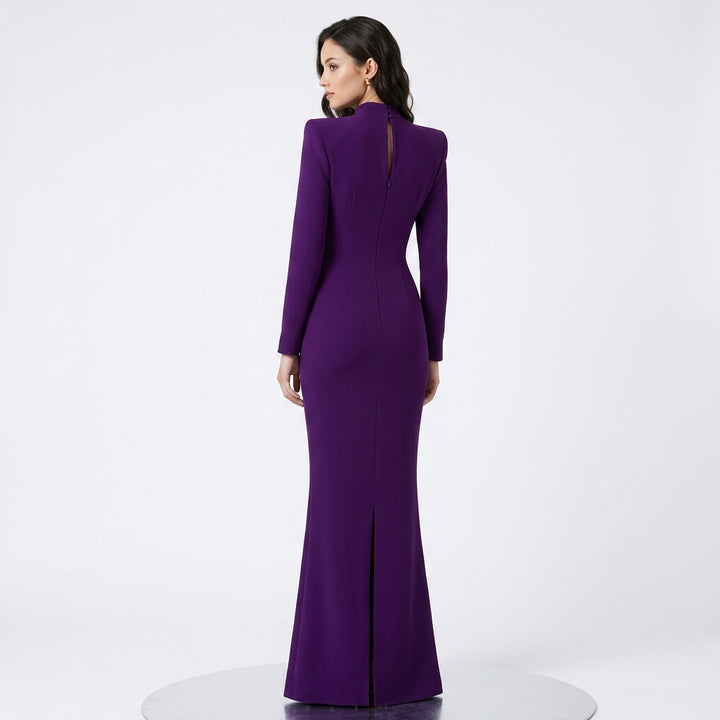Purple High-Neck Beaded Mesh Cutout Mermaid Evening Gown-Vyana Collective