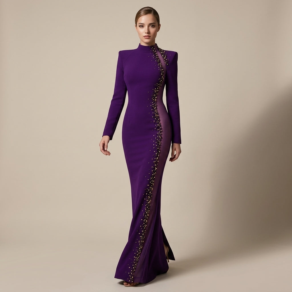 Purple High-Neck Beaded Mesh Cutout Mermaid Evening Gown-Vyana Collective
