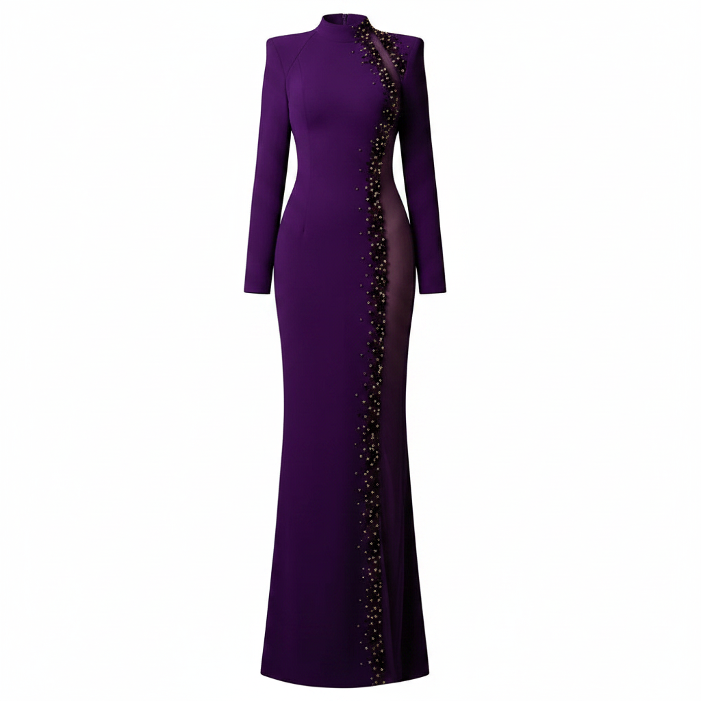 Purple High-Neck Beaded Mesh Cutout Mermaid Evening Gown-Vyana Collective