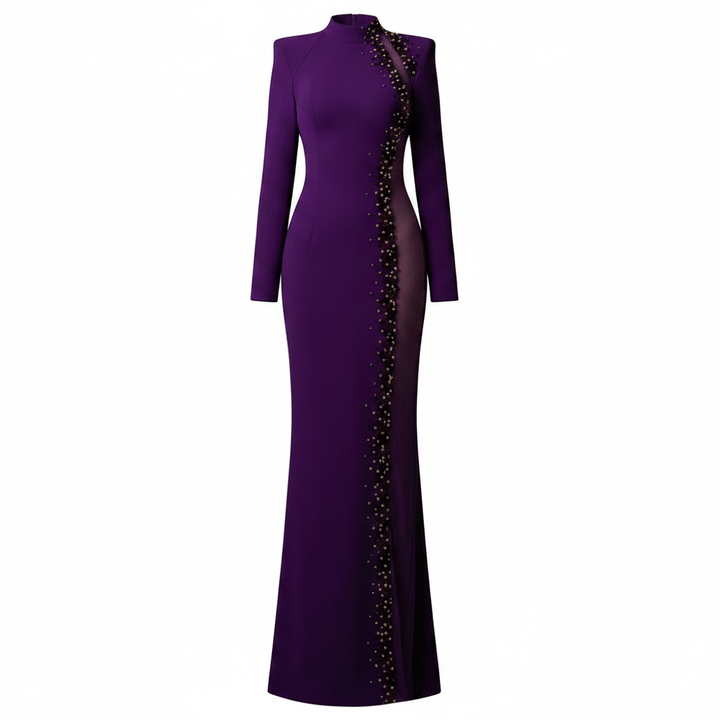 Purple High-Neck Beaded Mesh Cutout Mermaid Evening Gown-Vyana Collective