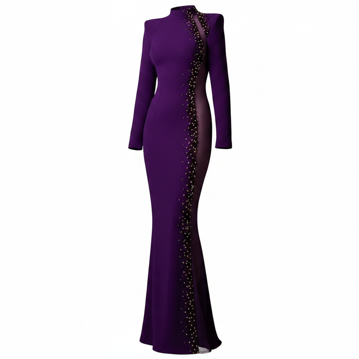 Purple High-Neck Beaded Mesh Cutout Mermaid Evening Gown-Vyana Collective