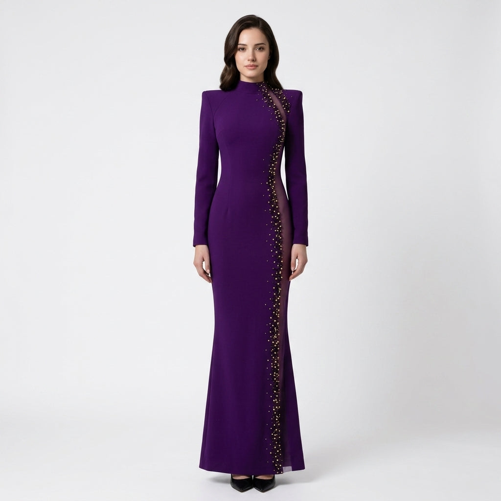 Purple High-Neck Beaded Mesh Cutout Mermaid Evening Gown-Vyana Collective