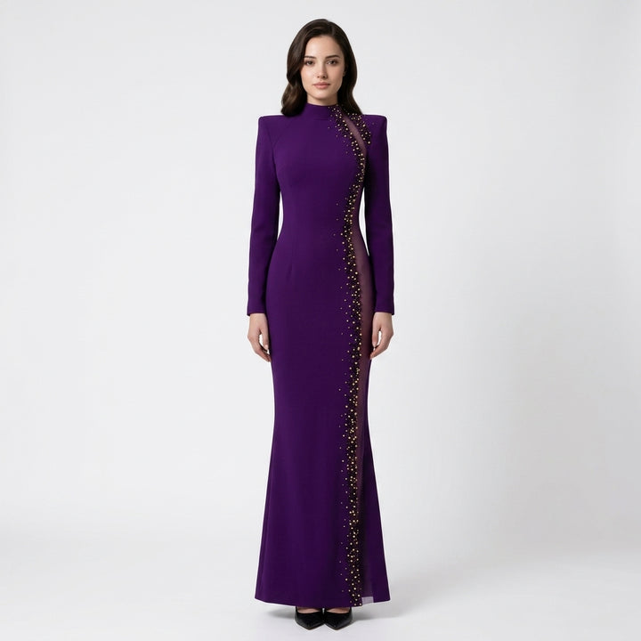 Purple High-Neck Beaded Mesh Cutout Mermaid Evening Gown-Vyana Collective