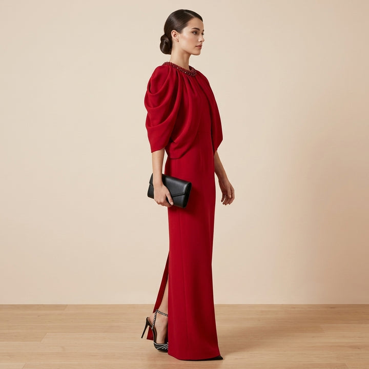 Red Beaded High-Neck Cape-Sleeve Column Evening Gown-Vyana Collective