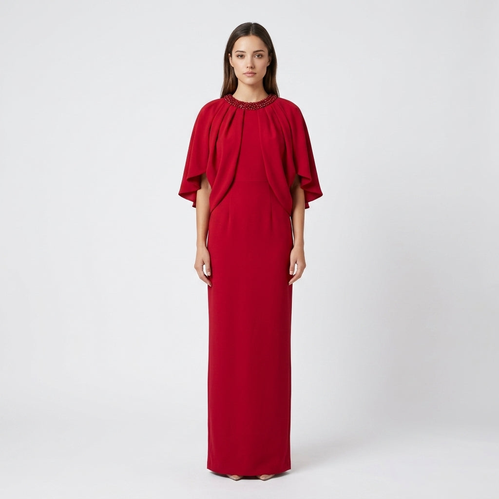 Red Beaded High-Neck Cape-Sleeve Column Evening Gown-Vyana Collective