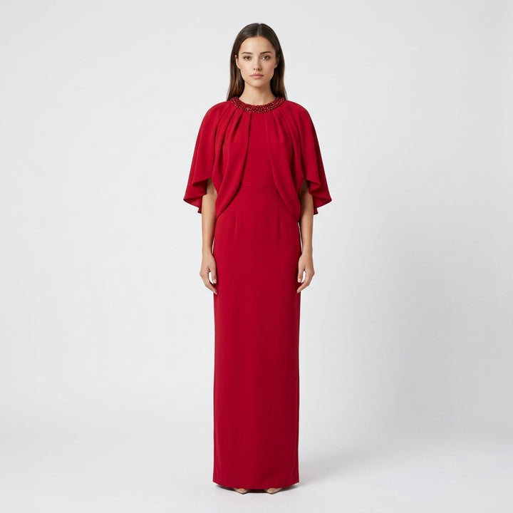 Red Beaded High-Neck Cape-Sleeve Column Evening Gown-Vyana Collective