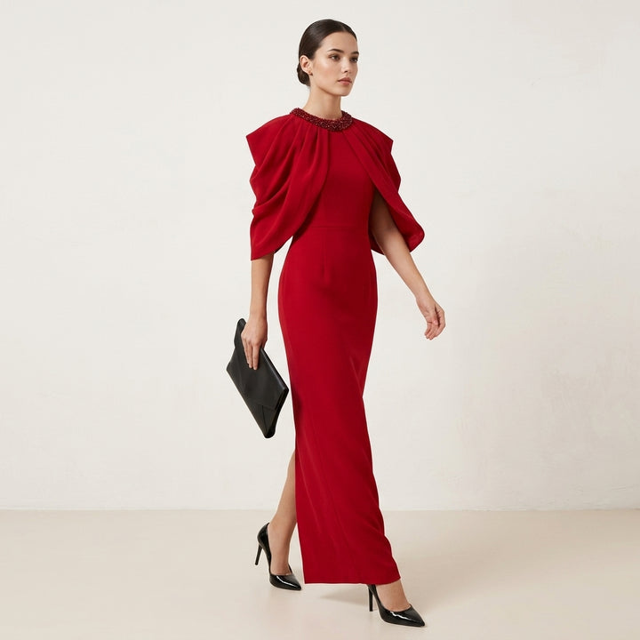 Red Beaded High-Neck Cape-Sleeve Column Evening Gown-Vyana Collective