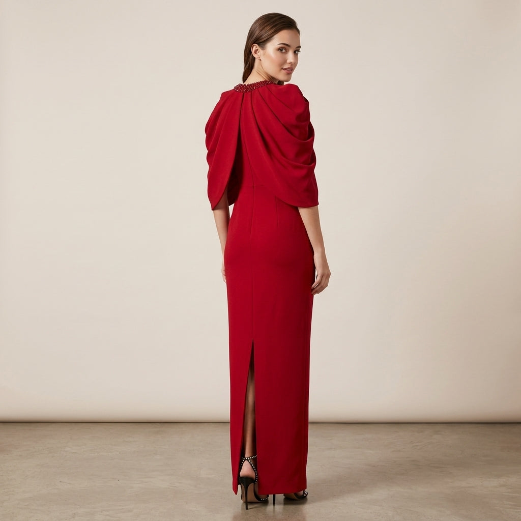 Red Beaded High-Neck Cape-Sleeve Column Evening Gown-Vyana Collective