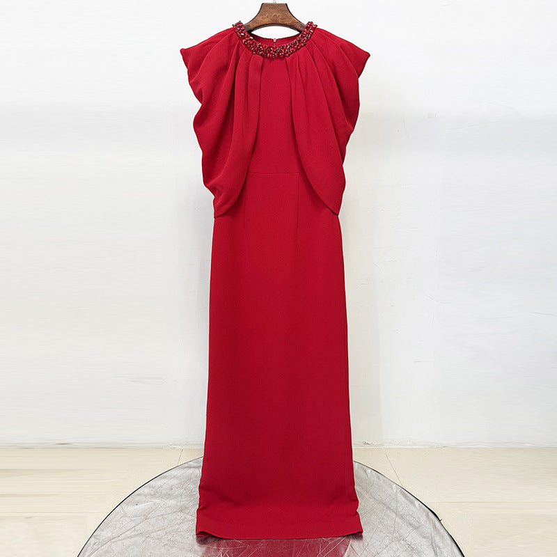 Red Beaded High-Neck Cape-Sleeve Column Evening Gown-Vyana Collective