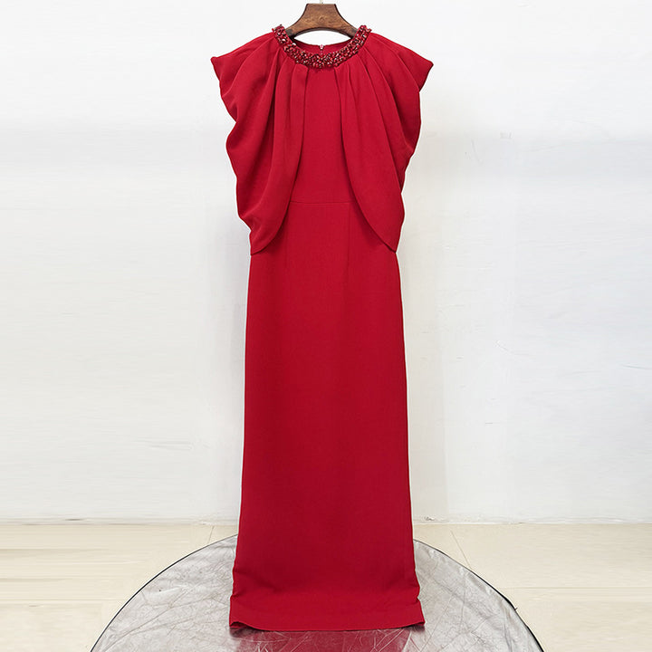 Red Beaded High-Neck Cape-Sleeve Column Evening Gown-Vyana Collective