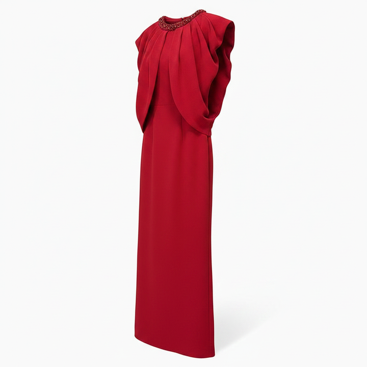 Red Beaded High-Neck Cape-Sleeve Column Evening Gown-Vyana Collective
