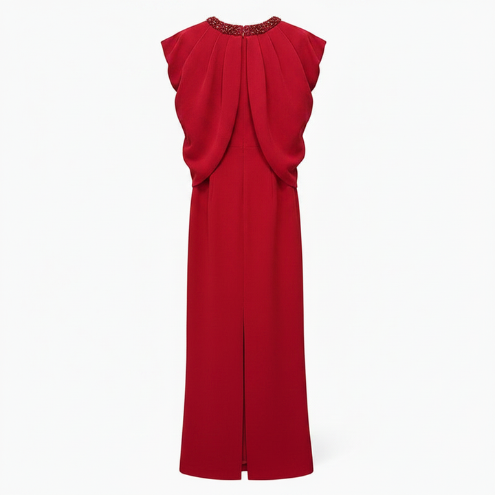 Red Beaded High-Neck Cape-Sleeve Column Evening Gown-Vyana Collective