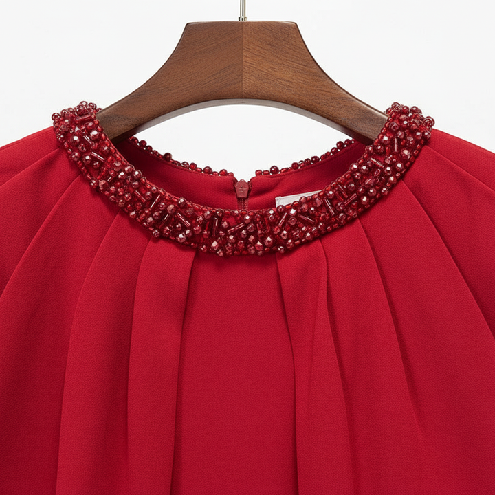 Red Beaded High-Neck Cape-Sleeve Column Evening Gown-Vyana Collective