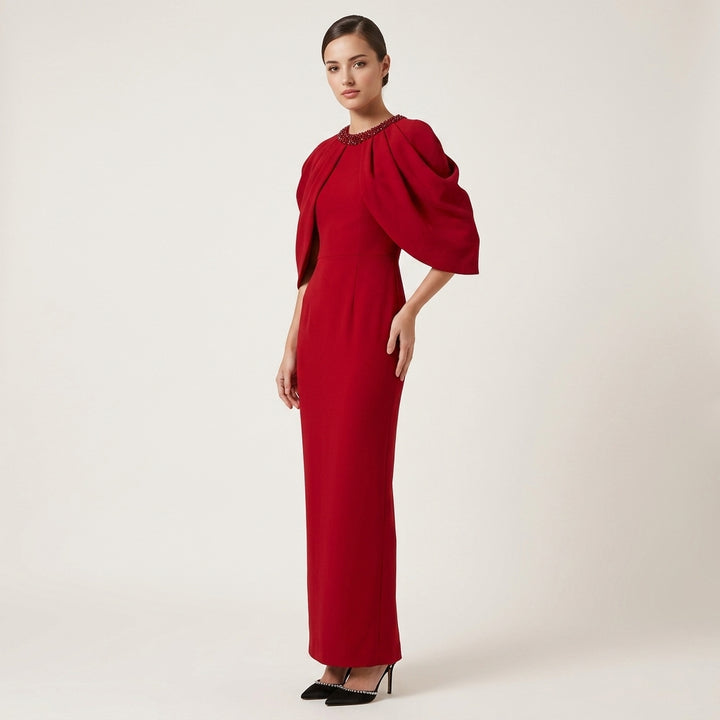 Red Beaded High-Neck Cape-Sleeve Column Evening Gown-Vyana Collective