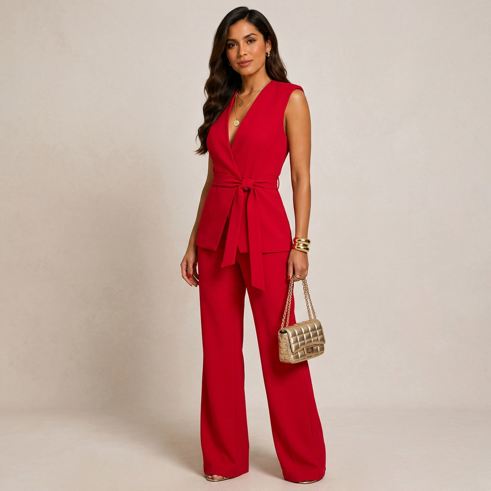 Red Belted Vest and High Waist Pants Set for Power Dressing and Elegant Office Style Women-Vyana Collective
