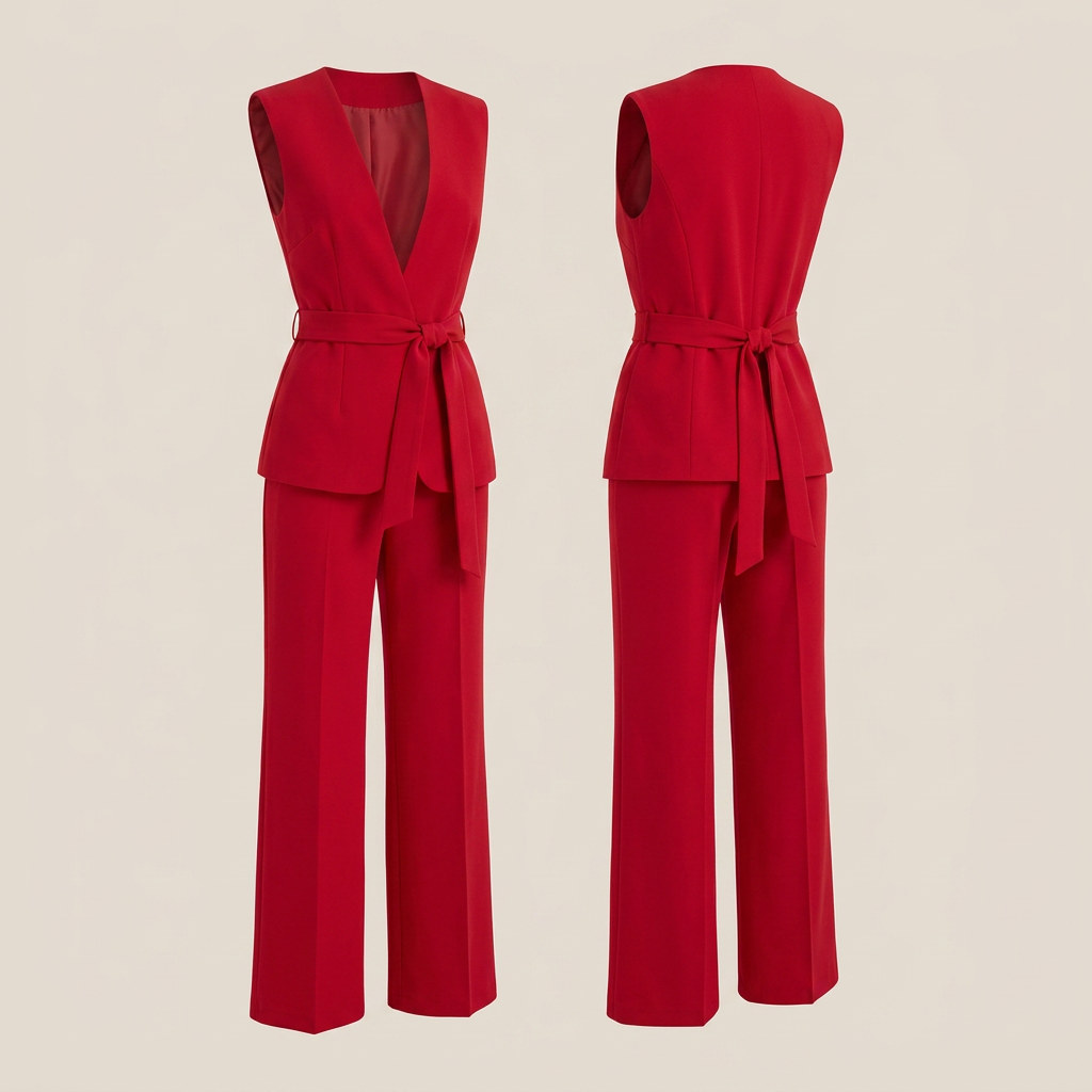 Red Belted Vest and High Waist Pants Set for Power Dressing and Elegant Office Style Women-Vyana Collective