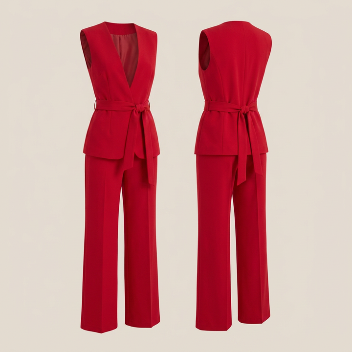 Red Belted Vest and High Waist Pants Set for Power Dressing and Elegant Office Style Women-Vyana Collective