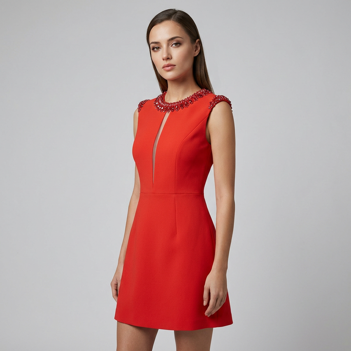 Red Crystal Embellished Mini Dress for Cocktail Parties and Evening Glamour Women-Vyana Collective