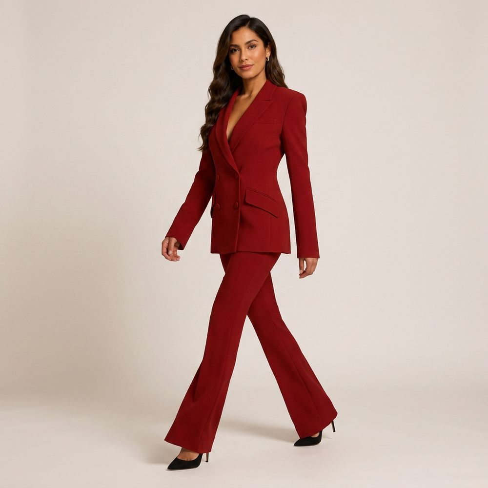 Red Double-Breasted Blazer and Wide Leg Trousers Suit for Power Dressing-Vyana Collective