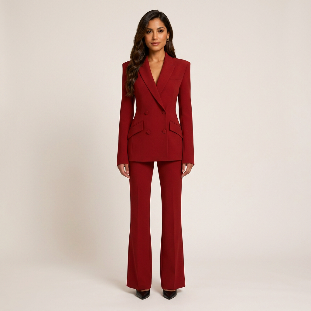 Red Double-Breasted Blazer and Wide Leg Trousers Suit for Power Dressing-Vyana Collective