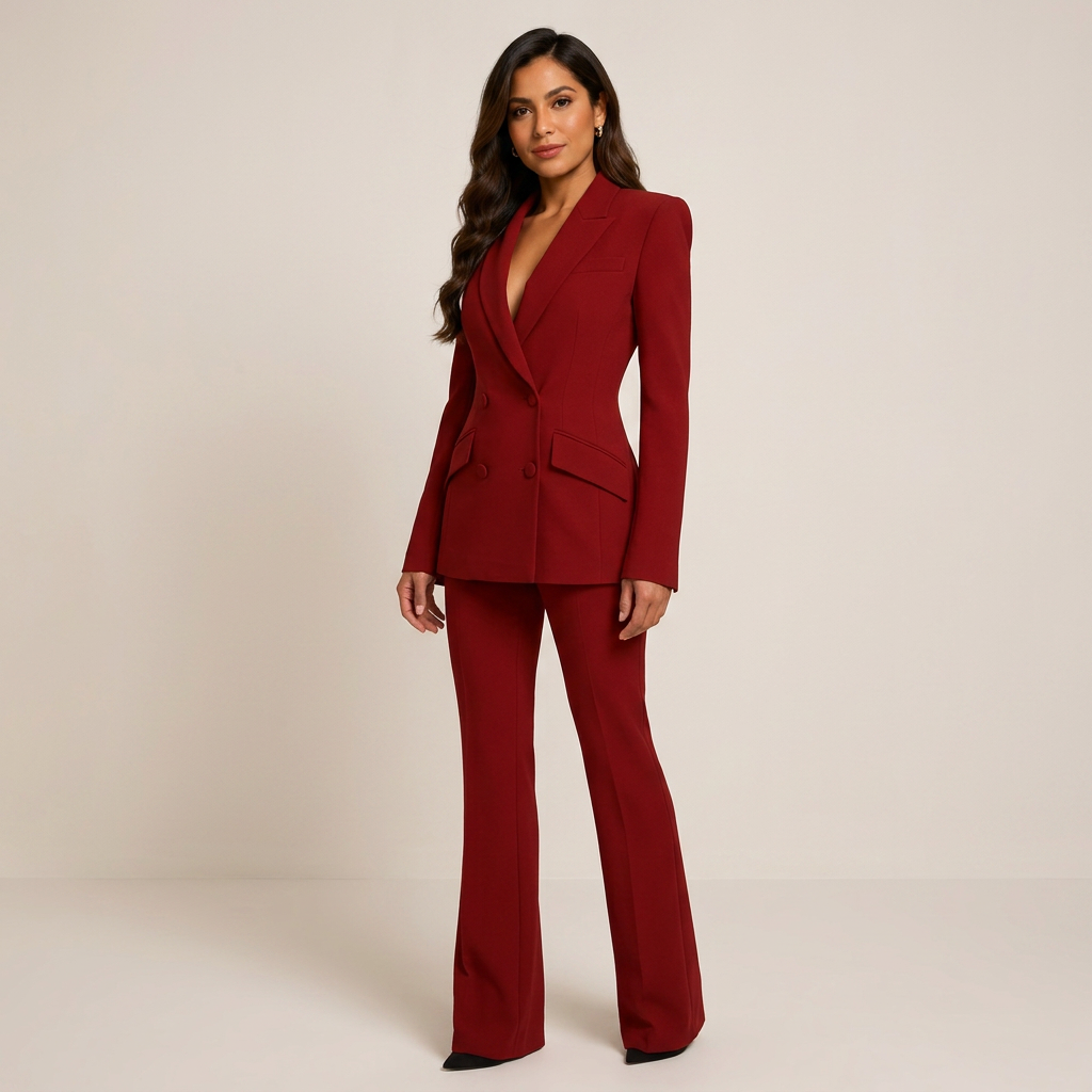Red Double-Breasted Blazer and Wide Leg Trousers Suit for Power Dressing-Vyana Collective